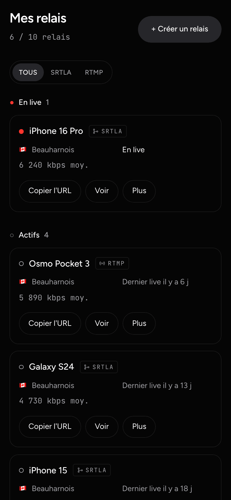 Page des relais sur mobile